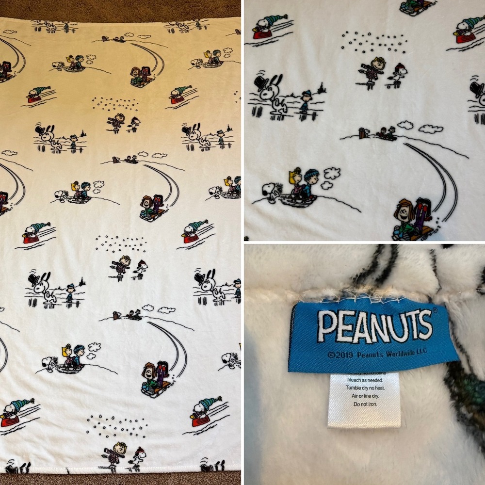 PEANUTS Berkshire Blanket Snoopy Winter Sledding Plush Fleece Throw White 70x54"